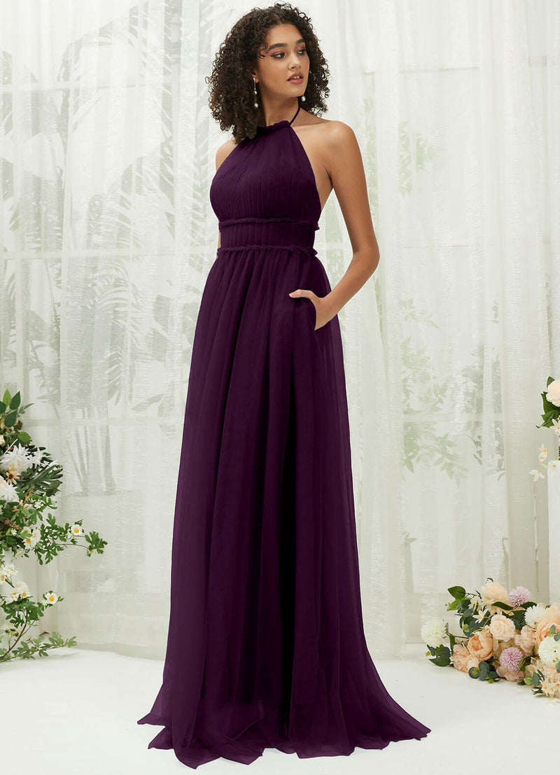 plum bridesmaid dresses Plum Tulle Halter Neck Floor Length Bridesmaid Dress With Pocket Plum / 2X / N20