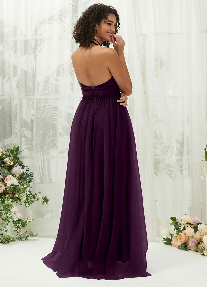 Plum Tulle Halter Neck Floor Length Bridesmaid Dress With Pocket Plum / 2X / N20 Plum Tulle Halter Neck Floor Length Bridesmaid Dress With Pocket Plum / 2X / N20