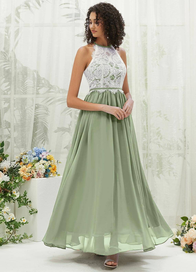 Sage Green Lace Halter Neck Backless Chiffon Slit Bridesmaid Dress