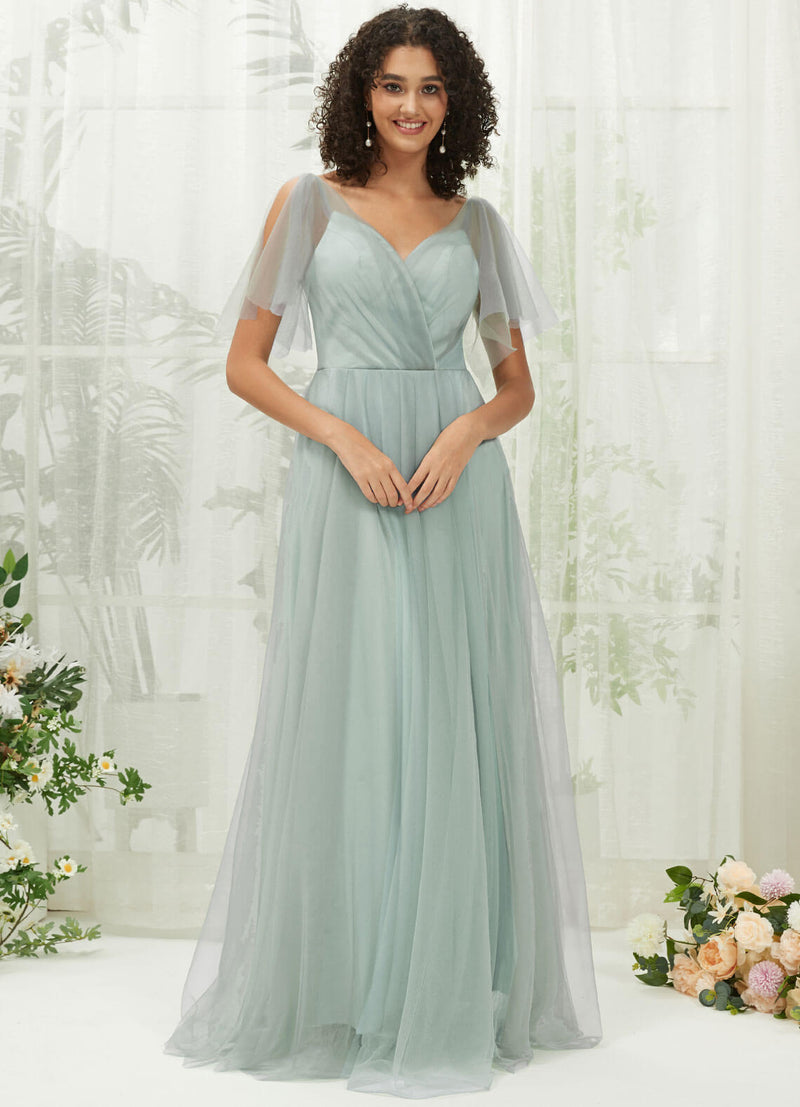 Sage Green Tulle Sweetheart Ruffle Sleeve Pocket Maxi Bridesmaid Dress
