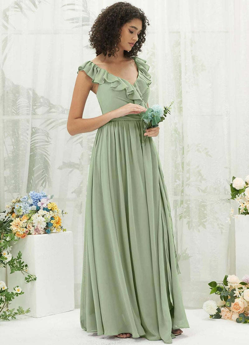 Sage Green Chiffon Ruffle Cross Straps V-Neck Wrap Bridesmaid Dress Sage Green / 1x / N18 Sage Green Chiffon Ruffle Cross Straps V-Neck Wrap Bridesmaid Dress Sage Green / 1x / N18