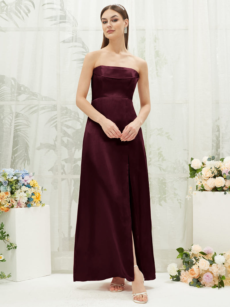 Cabernet Satin Convertible Slit Floor Length Bridesmaid Dresses Cabernet / S / N4-6