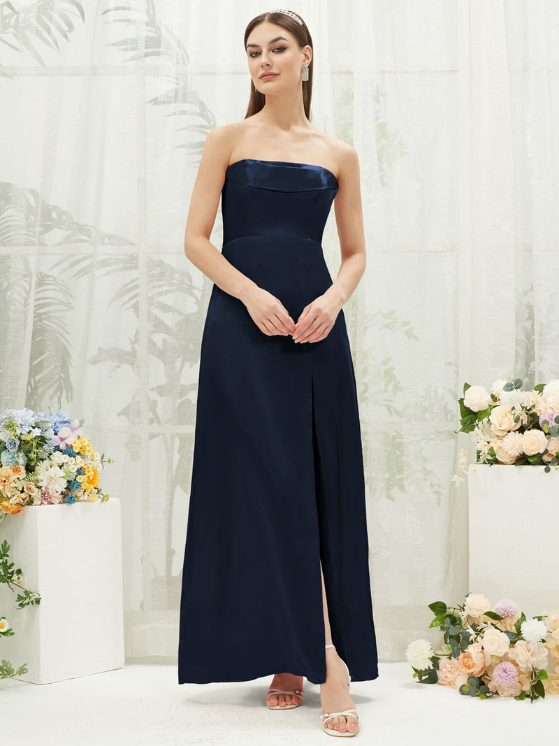Dark Navy Satin Convertible Slit Floor Length Bridesmaid Dresses Change Color From Swatches / M / N8-10