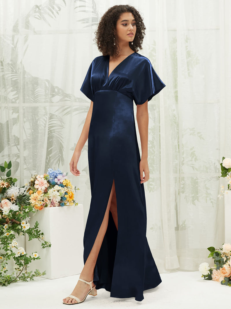 Dark Navy V-Neck Short Sleeve Satin Maxi Bridesmaid Dress With Slit Change Color From Swatches / S / N4-6 Dark Navy V-Neck Short Sleeve Satin Maxi Bridesmaid Dress With Slit Change Color From Swatches / S / N4-6