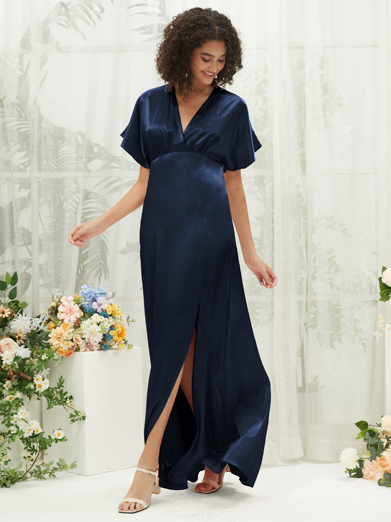 Dark Navy V-Neck Short Sleeve Satin Maxi Bridesmaid Dress With Slit Change Color From Swatches / L / N12