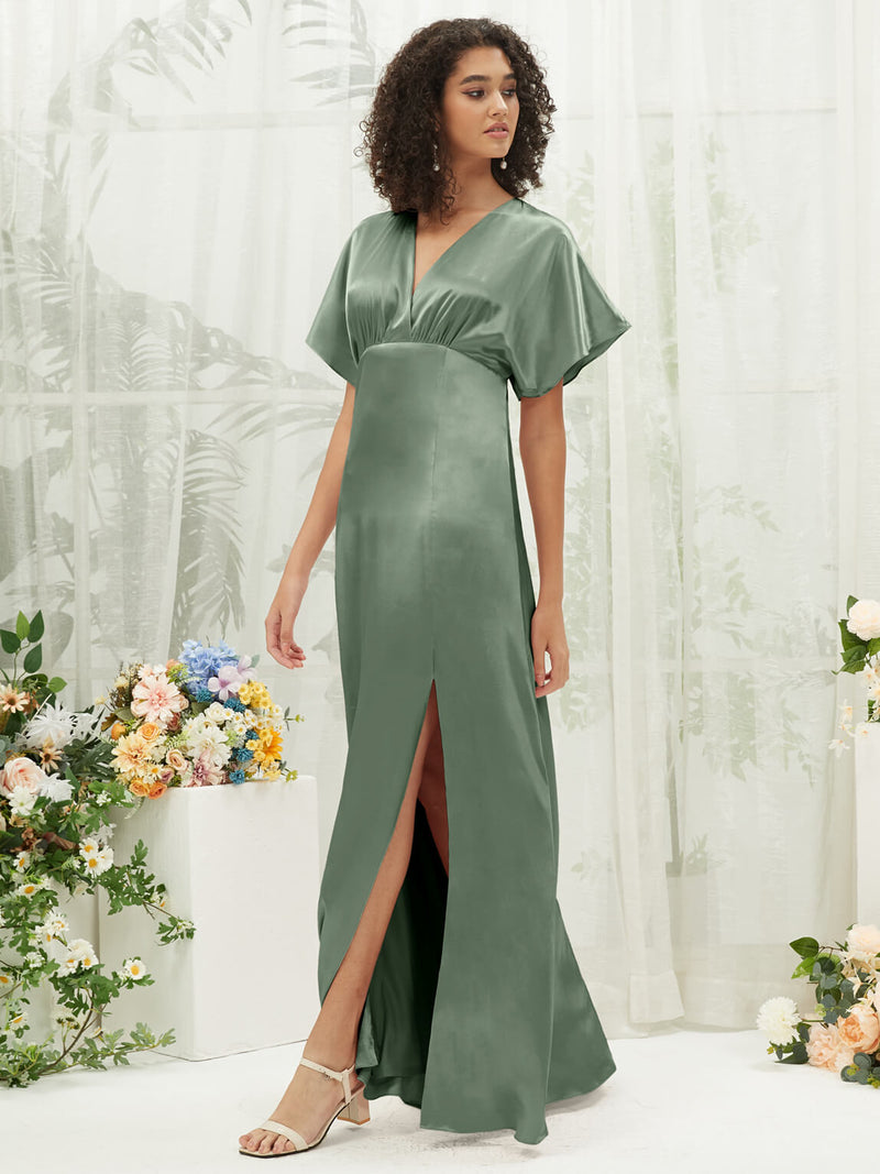 Eucalyptus V-Neck Short Sleeve Satin Maxi Bridesmaid Dress With Slit NZ Bridal Eucalyptus V-Neck Short Sleeve Satin Maxi Bridesmaid Dress With Slit NZ Bridal