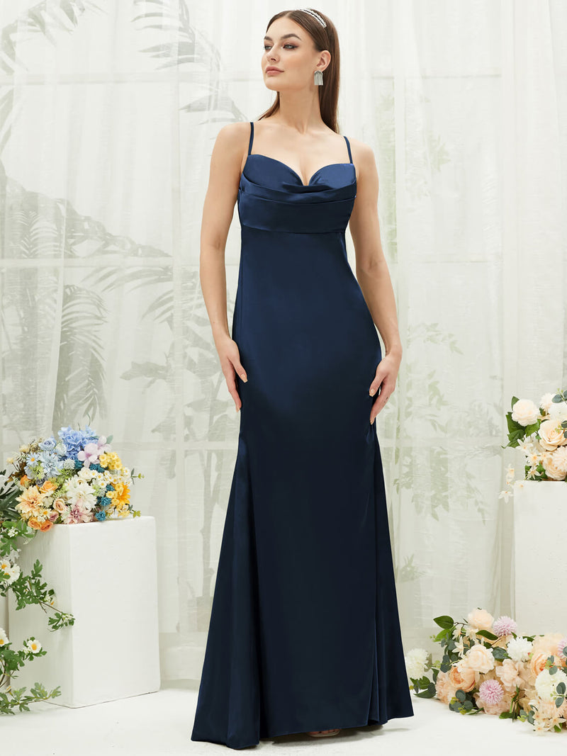 Dark Navy Satin Cowl Neck Adjustable Straps Backless Long Bridesmaid D
