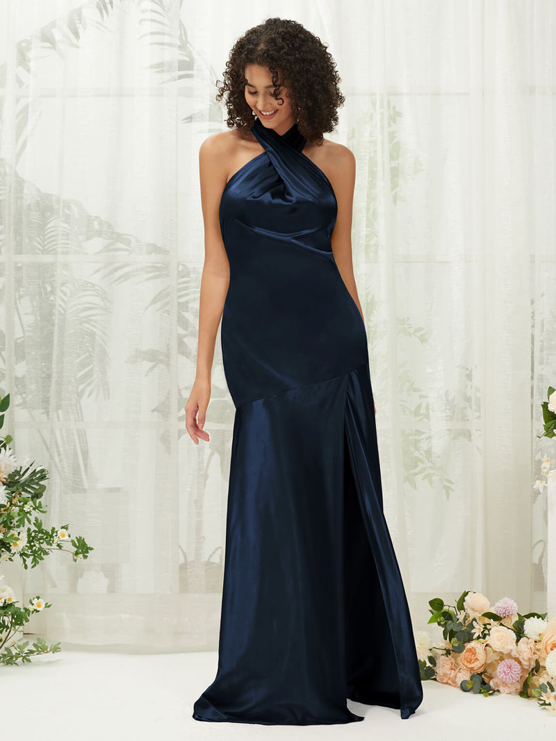 Dark Navy Satin Halter Neck Sleeveless Maxi Bridesmaid Dress With Slit Dark Navy / M / N8-10 Dark Navy Satin Halter Neck Sleeveless Maxi Bridesmaid Dress With Slit Dark Navy / M / N8-10