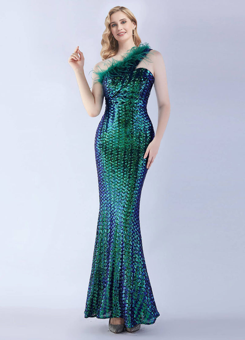 Emerald Green Luxury One Shoulder Feather Sequin Mermaid Formal Gown NZ Bridal Emerald Green Luxury One Shoulder Feather Sequin Mermaid Formal Gown NZ Bridal