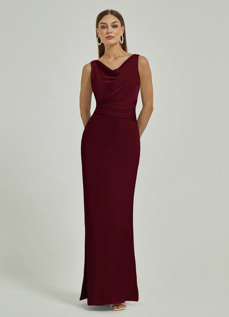 Burgundy Silk Satin Cowl Neck Sheath Backless Maxi Bridesmaid Dress Burgundy / 2X / N20 Burgundy Silk Satin Cowl Neck Sheath Backless Maxi Bridesmaid Dress Burgundy / 2X / N20
