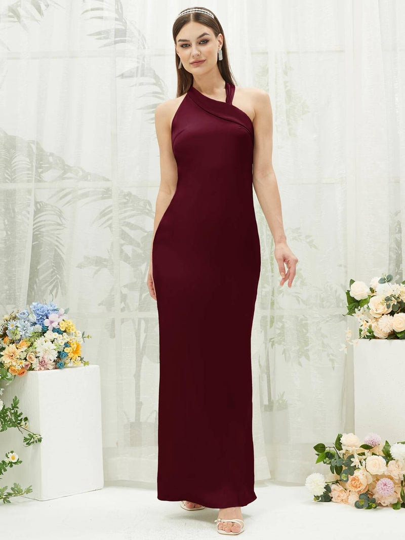 Burgundy Silk Satin Halter Neck Sheath Sleeveless Bridesmaid Dress Burgundy / 2X / N20 Burgundy Silk Satin Halter Neck Sheath Sleeveless Bridesmaid Dress Burgundy / 2X / N20