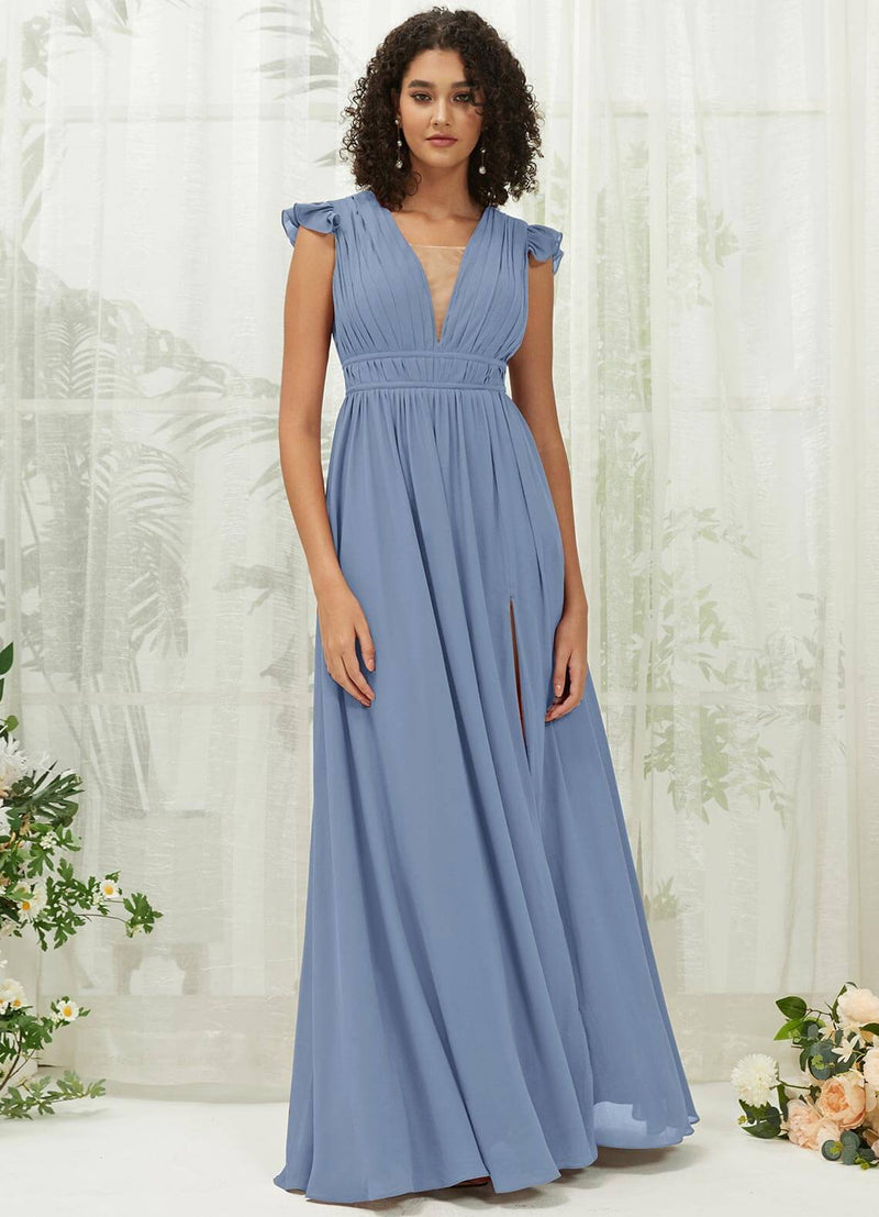Slate Blue Cap Sleeves Pleated V-Neck Chiffon Maxi Bridesmaid Dress NZ Bridal Slate Blue Cap Sleeves Pleated V-Neck Chiffon Maxi Bridesmaid Dress NZ Bridal