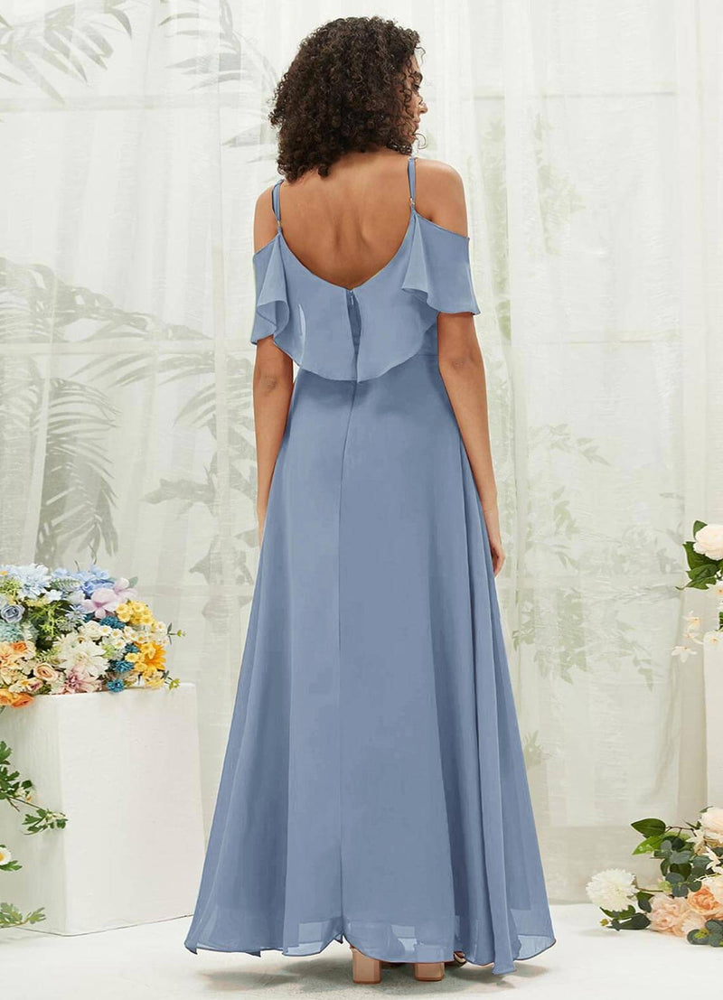 Slate Blue Chiffon Ruffle Cold Shoulder Sweetheart Bridesmaid Dress Change Color From Swatches / XXL / N16