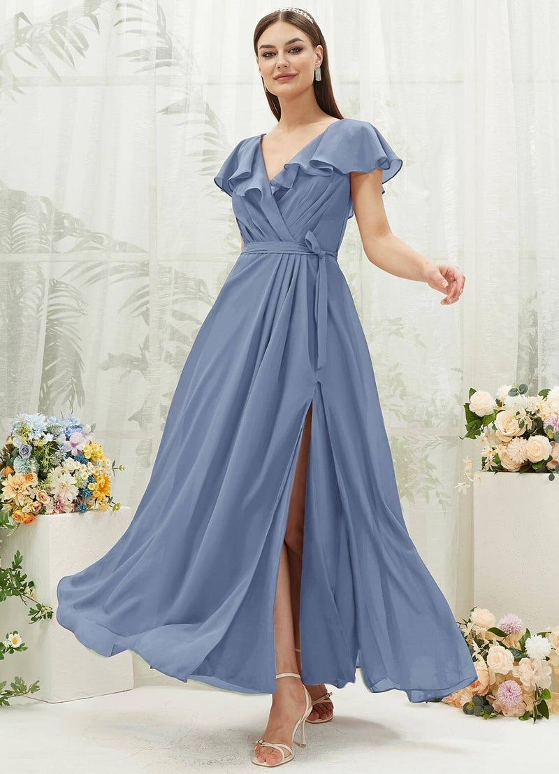 Slate Blue Chiffon Ruffle Sleeve V-Neck Slit Maxi Bridesmaid Dress Slate Blue / M / N8-10 Slate Blue Chiffon Ruffle Sleeve V-Neck Slit Maxi Bridesmaid Dress Slate Blue / M / N8-10