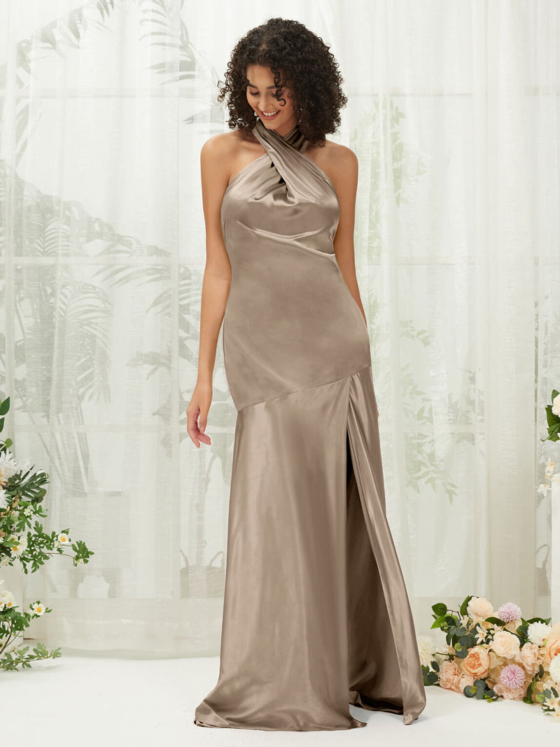 Taupe Satin Halter Neck Sleeveless Maxi Bridesmaid Dress with Slit Taupe / L / N12 Taupe Satin Halter Neck Sleeveless Maxi Bridesmaid Dress with Slit Taupe / L / N12