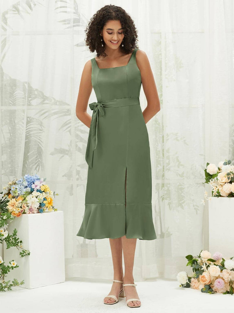 Olive Silk Satin Square Neck Slit Tea Length Convertible Bridesmaid Dr NZ Bridal Olive Silk Satin Square Neck Slit Tea Length Convertible Bridesmaid Dr NZ Bridal