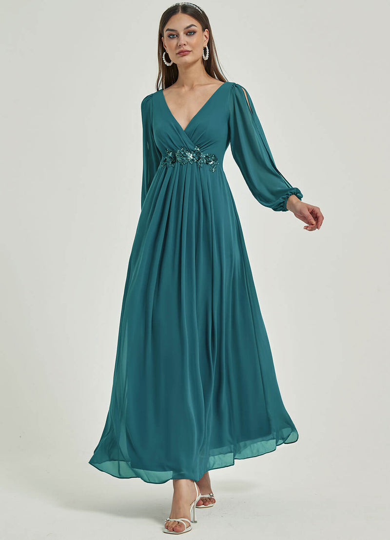 Teal V Neck Long Slit Sleeve Pleated Flowy Chiffon Formal Dress NZ Bridal