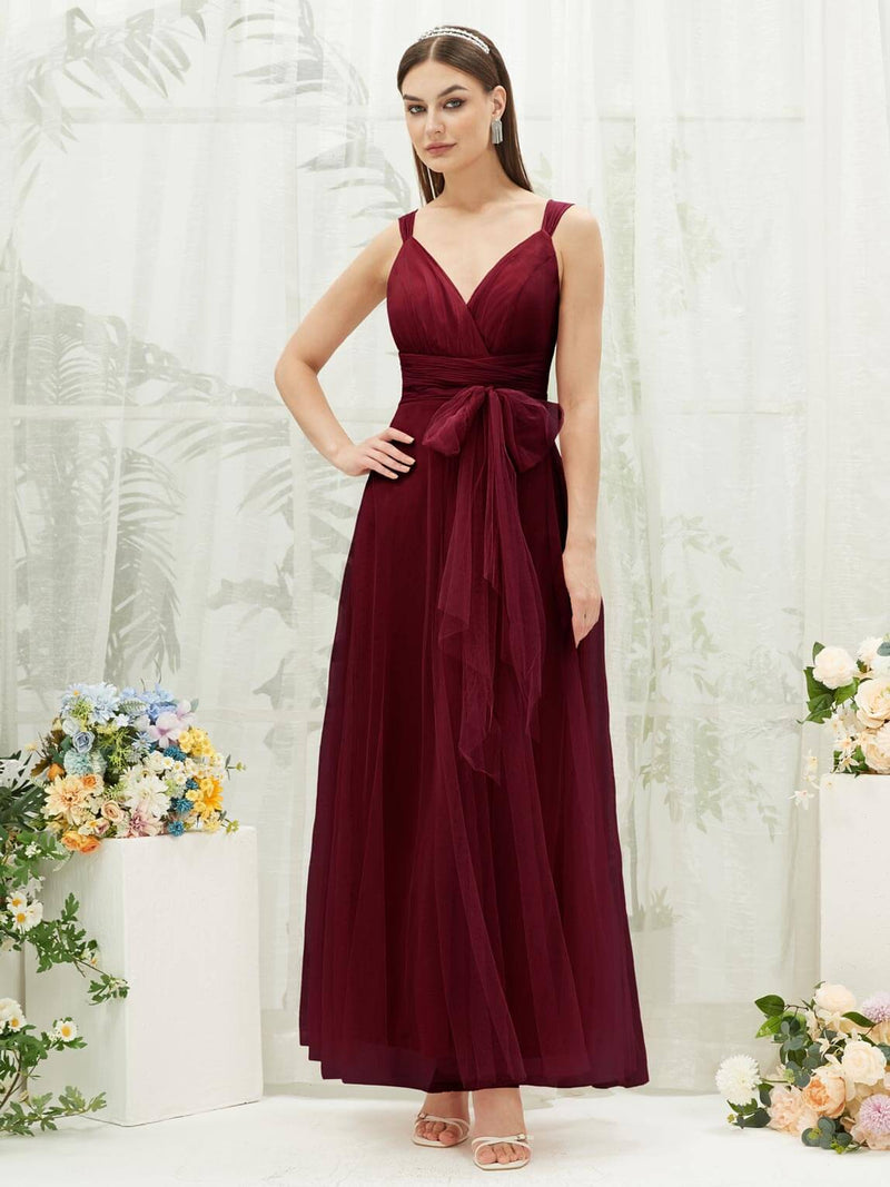 burgundy bridesmaid dresses nz Burgundy Tulle Sweetheart Ruffle Sleeve Pocket Maxi Bridesmaid Dress Burgundy / 2X / N20