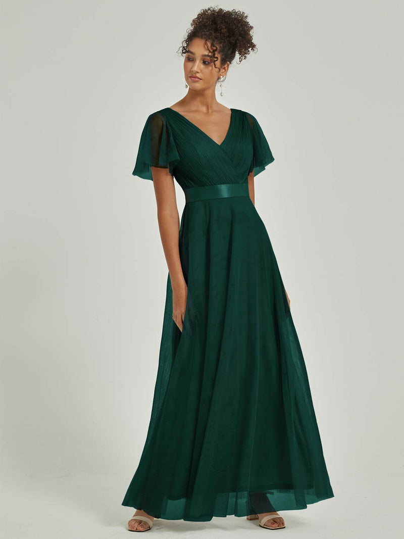 Tulle V-neck Ruffle Sleeve Pleated Bridesmaid Gown Lucy Emerald Green / 2X / N24
