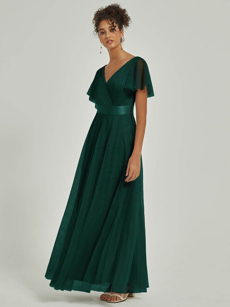 Tulle V-neck Ruffle Sleeve Pleated Bridesmaid Gown Lucy NZ Bridal Tulle V-neck Ruffle Sleeve Pleated Bridesmaid Gown Lucy NZ Bridal