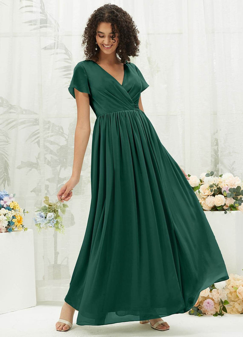 Emerald Green Chiffon Short Sleeve V-Neck Wrap Pleated Bridesmaid Dres NZ Bridal Emerald Green Chiffon Short Sleeve V-Neck Wrap Pleated Bridesmaid Dres NZ Bridal