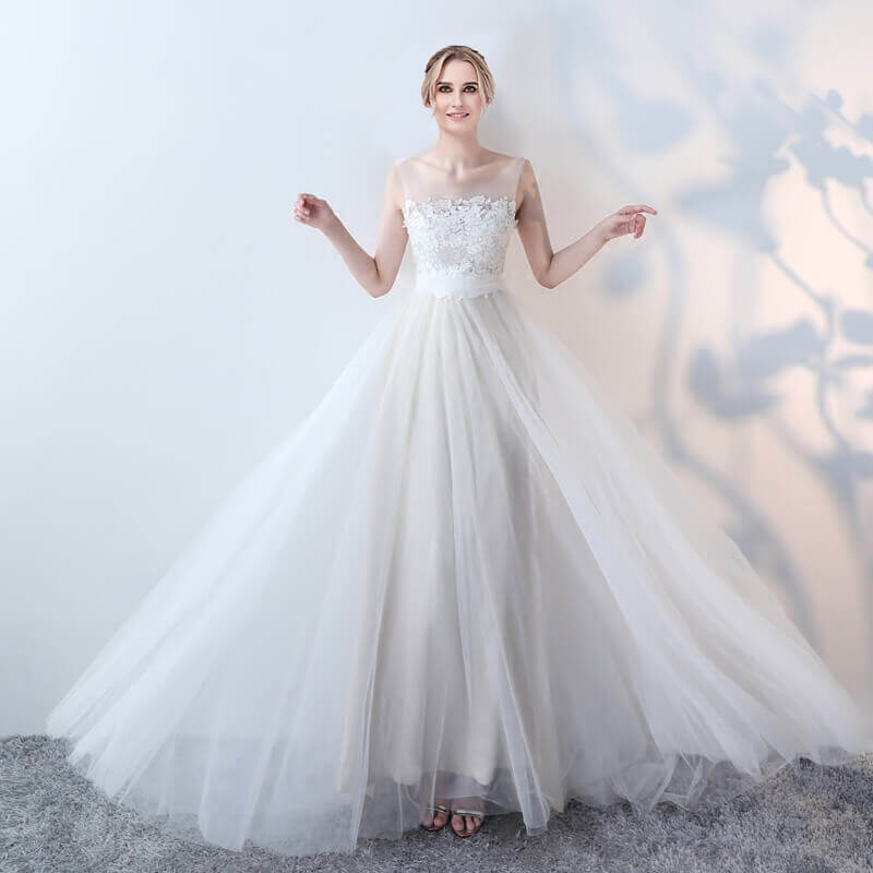 Illusion Wide Straps Sleeveless A-Line Lace Tulle White Wedding Dress Diamond White/Champagne / S / N6 Illusion Wide Straps Sleeveless A-Line Lace Tulle White Wedding Dress Diamond White/Champagne / S / N6