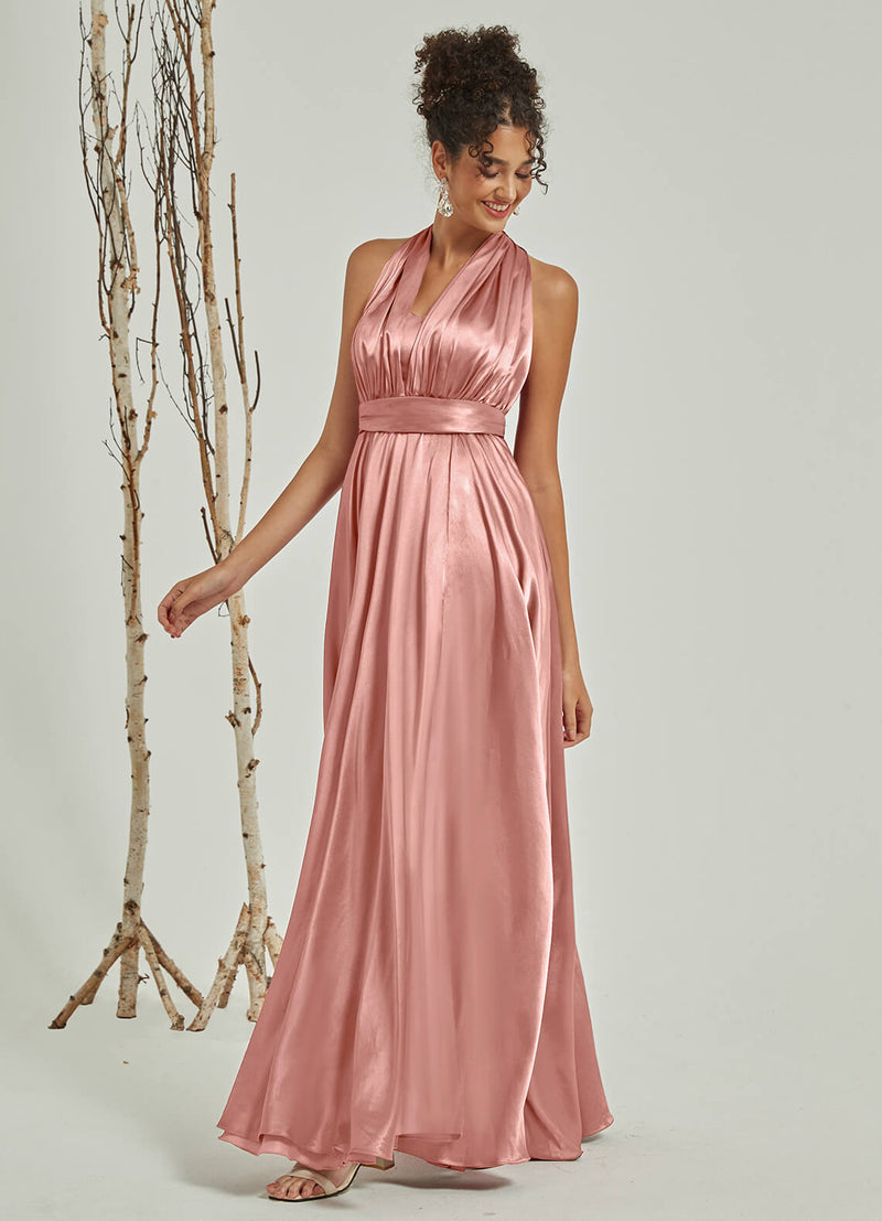 Dusty Pink Satin Convertible Bridesmaid Dress Multi Ways Wrap A-Line G