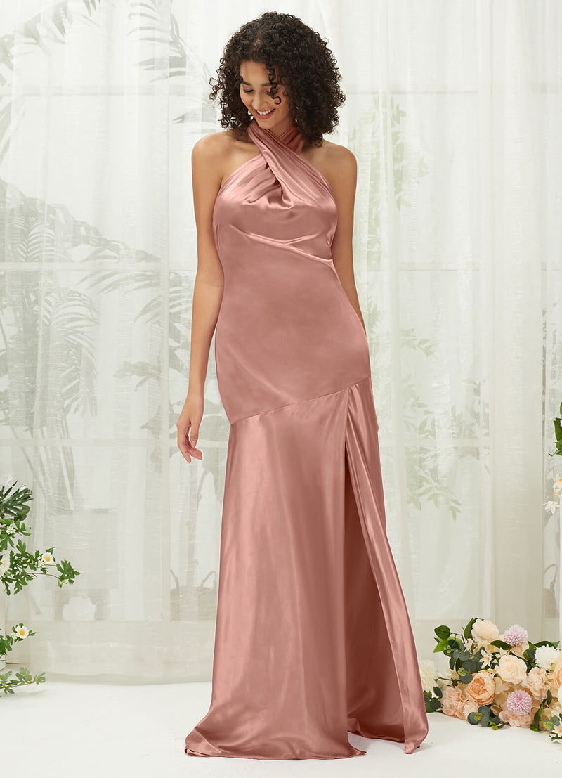 Dusty Pink Satin Halter Neck Sleeveless Maxi Bridesmaid Dress With Slit Dusty Pink / 3X / N22 Dusty Pink Satin Halter Neck Sleeveless Maxi Bridesmaid Dress With Slit Dusty Pink / 3X / N22