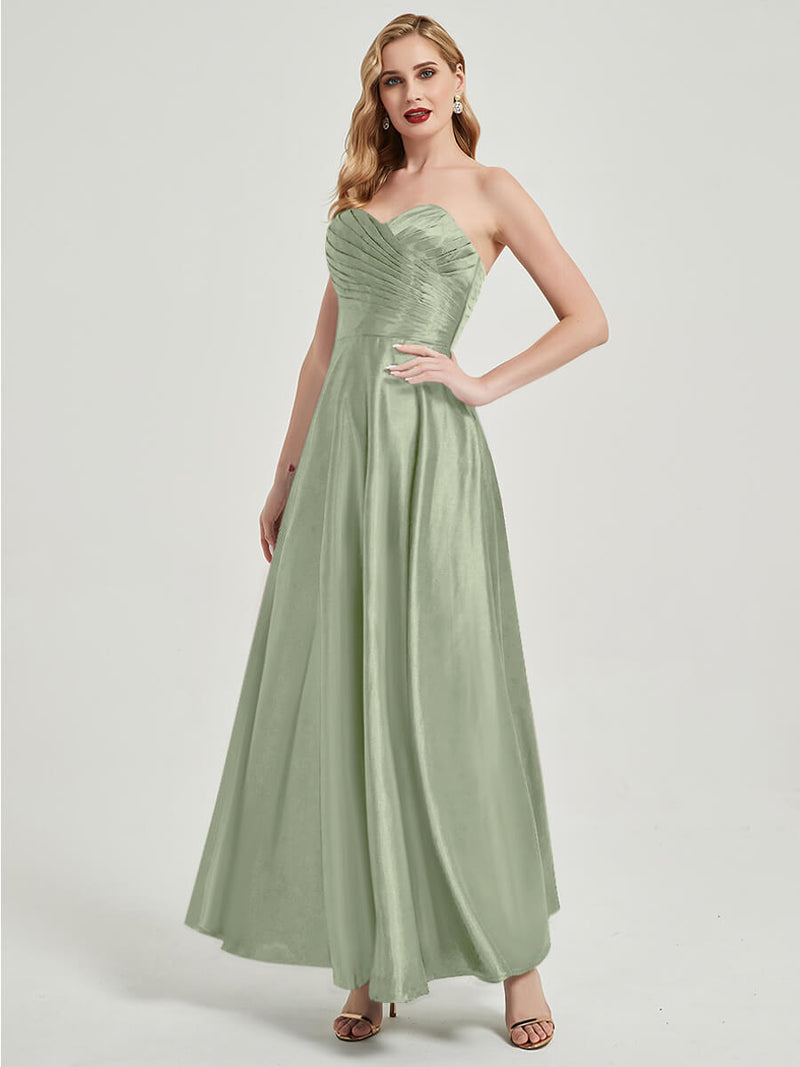 Sage Green Satin Sweetheart Strapless Floor Length Pleated Bridesmaid