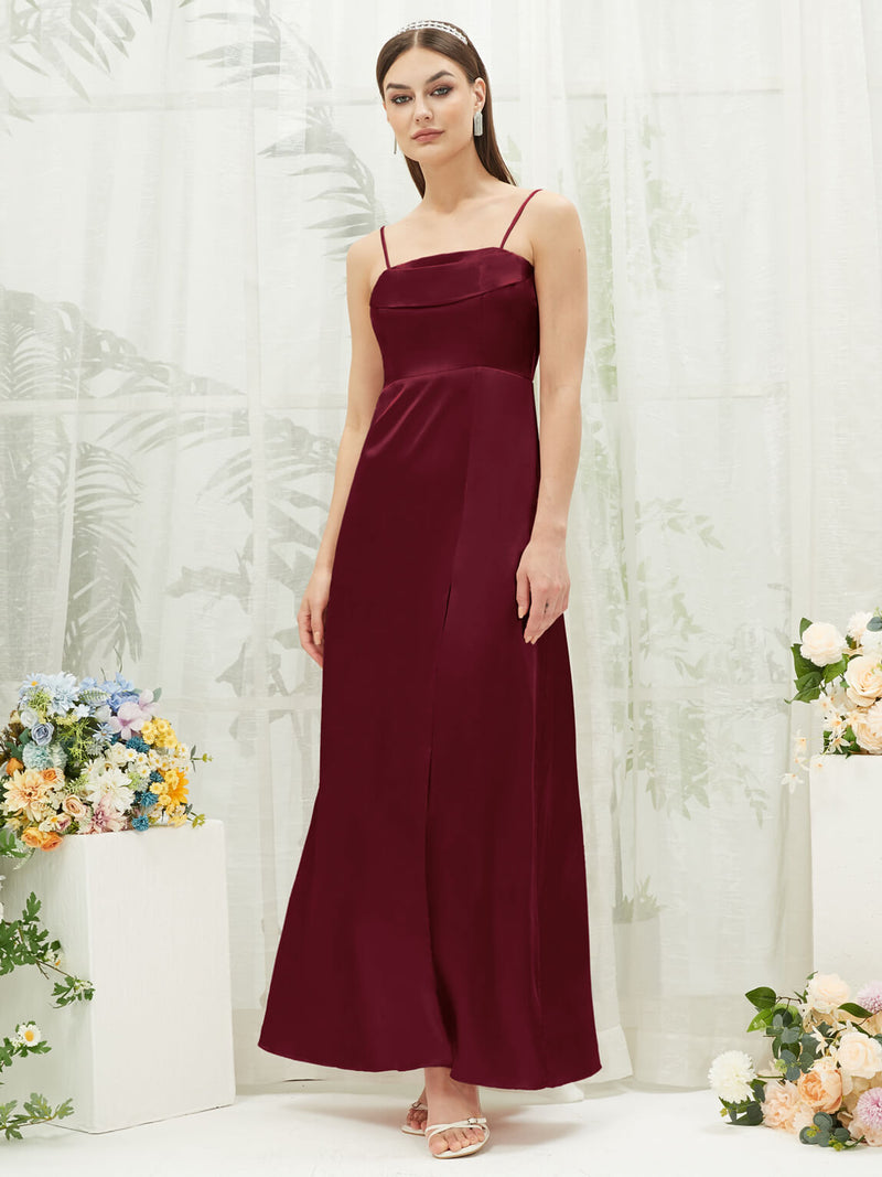 Burgundy Satin Convertible Slit Floor Length Bridesmaid Dresses