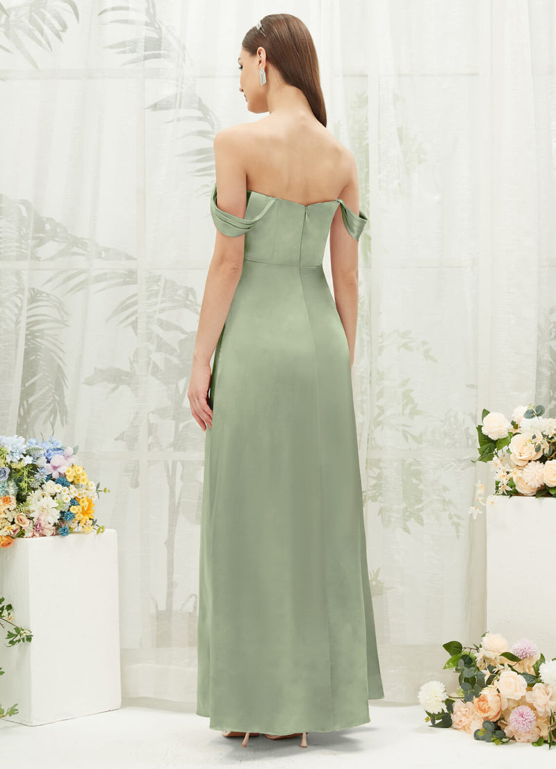 Sage Green Satin Convertible Slit Floor Length Bridesmaid Dresses Sage Green / M / N8-10