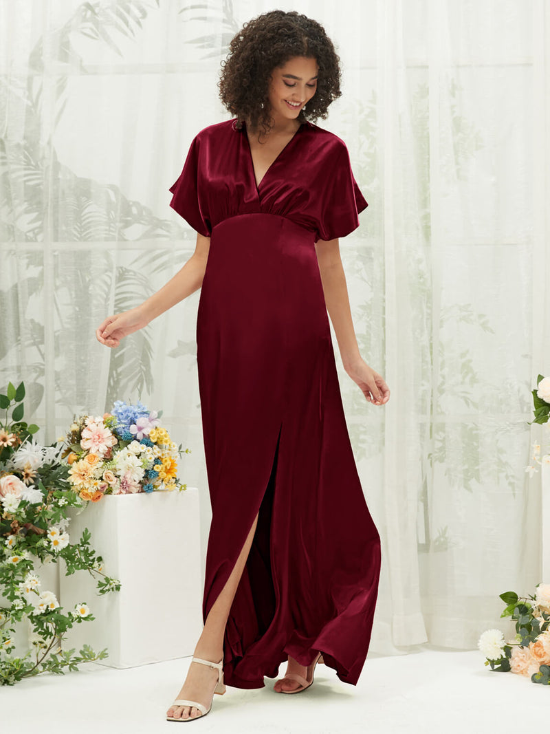 burgundy satin bridesmaid dresses Burgundy V-Neck Short Sleeve Satin Maxi Bridesmaid Dress With Slit Change Color From Swatches / 3X / N22