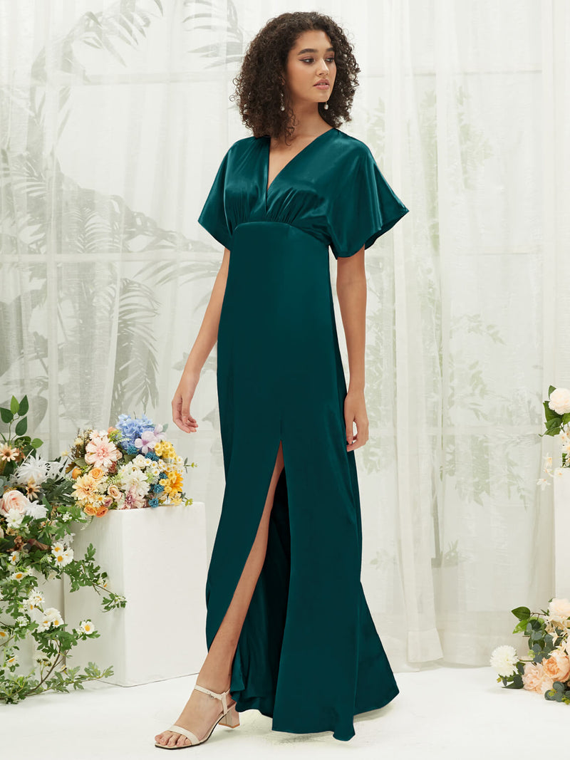 Peacock V-Neck Short Sleeve Satin Maxi Bridesmaid Dress With Slit Change Color From Swatches / XS / N0-2 Peacock V-Neck Short Sleeve Satin Maxi Bridesmaid Dress With Slit Change Color From Swatches / XS / N0-2