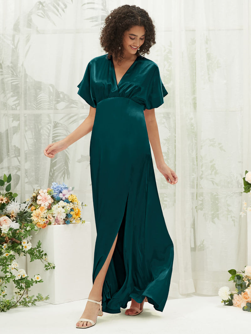 peacock satin bridesmaid dresses Wedtrend Women Wedding Guest Dress With Pleated Peacock Blue Satin Off The Shoulder Long Formal Dress, Peacock Blue / S