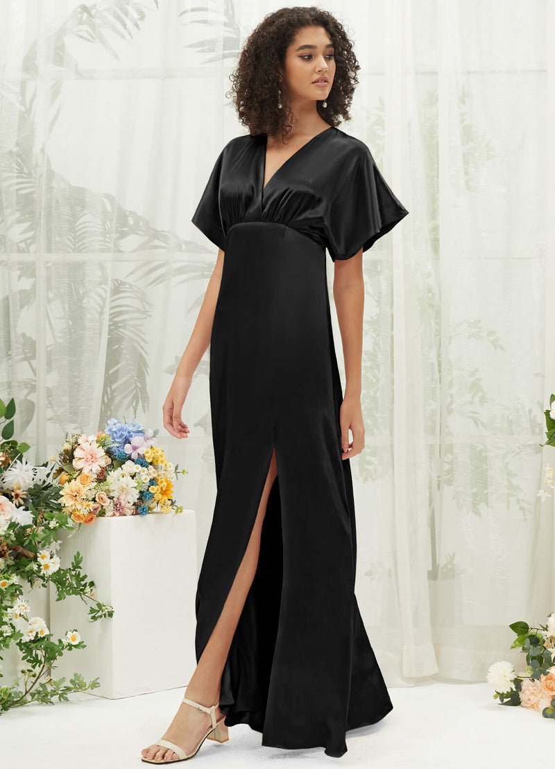 Black V-Neck Short Sleeve Satin Maxi Bridesmaid Dress With Slit Change Color From Swatches / S / N4-6 Black V-Neck Short Sleeve Satin Maxi Bridesmaid Dress With Slit Change Color From Swatches / S / N4-6