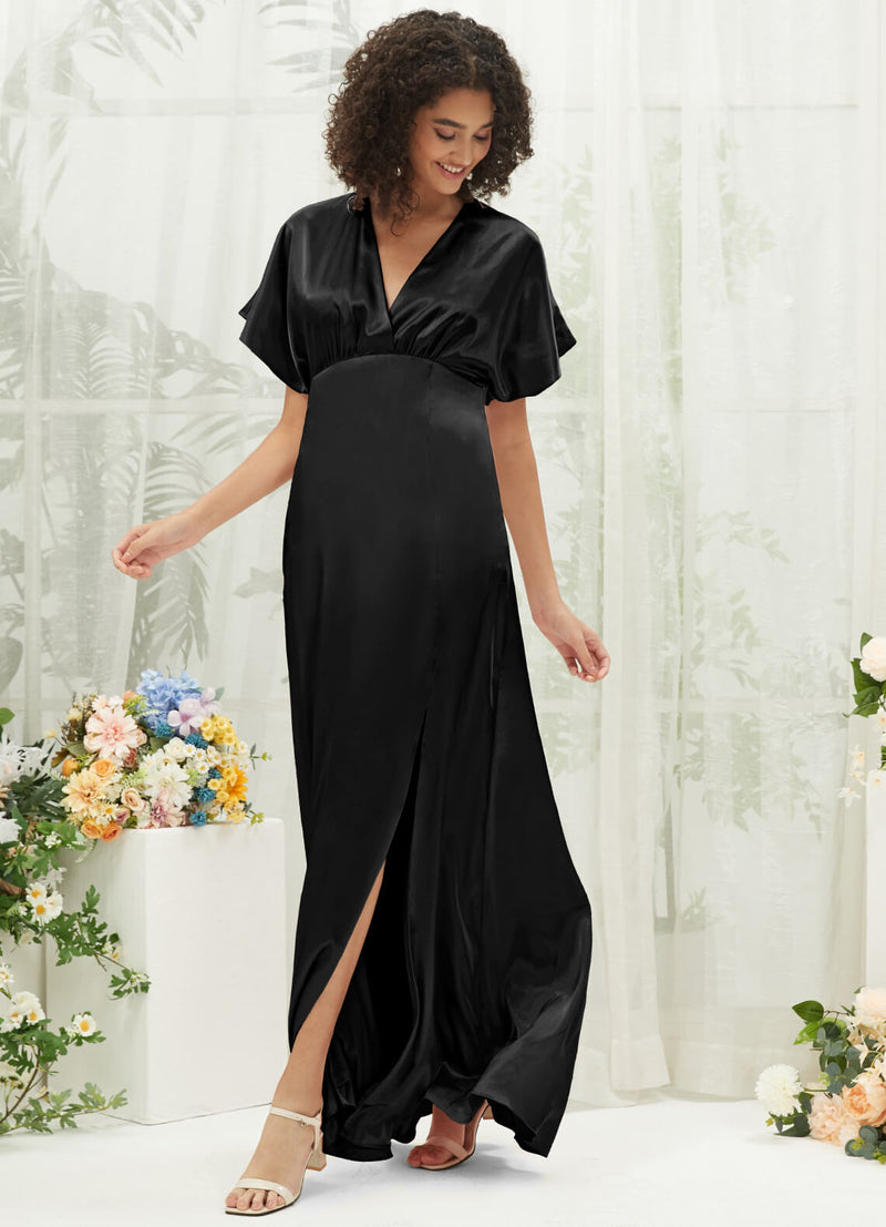 Black V-Neck Short Sleeve Satin Maxi Bridesmaid Dress With Slit Black V-Neck Short Sleeve Satin Maxi Bridesmaid Dress With Slit
