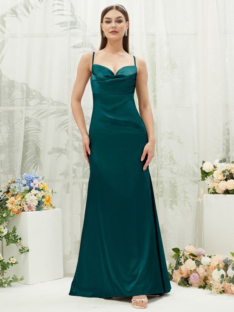 peacock bridesmaid dresses Peacock Satin Cowl Neck Adjustable Straps Backless Long Bridesmaid Dress Peacock / L / N12