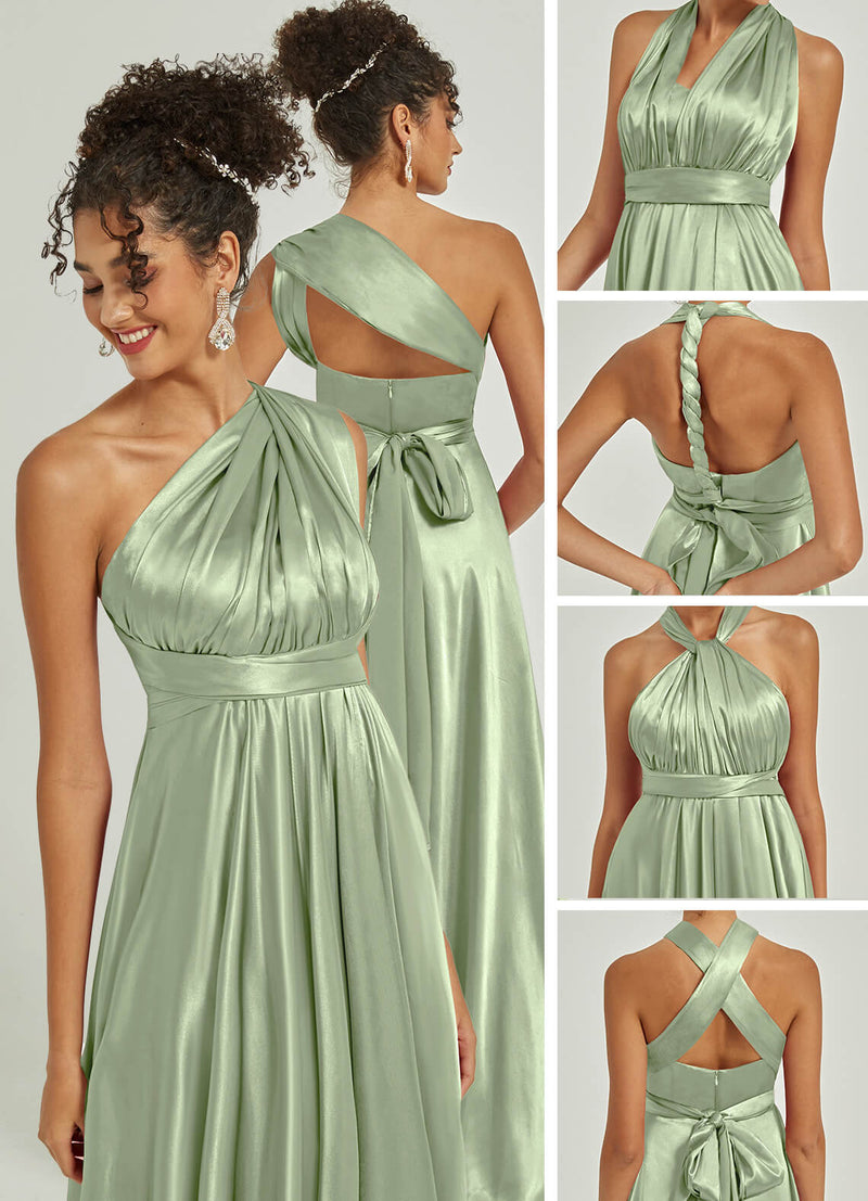 Sage Green Satin Convertible Bridesmaid Dress Multi Ways Wrap A-Line G