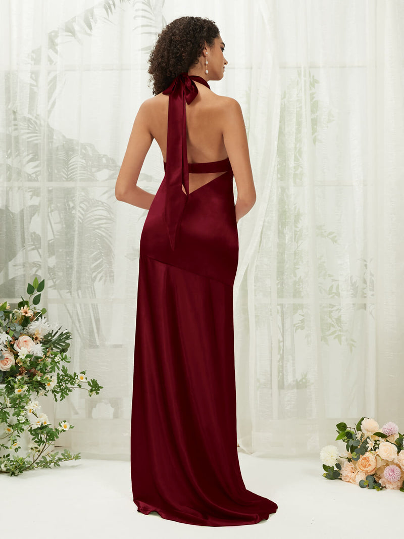 Burgundy Satin Halter Neck Sleeveless Maxi Bridesmaid Dress With Slit Burgundy / M / N8-10