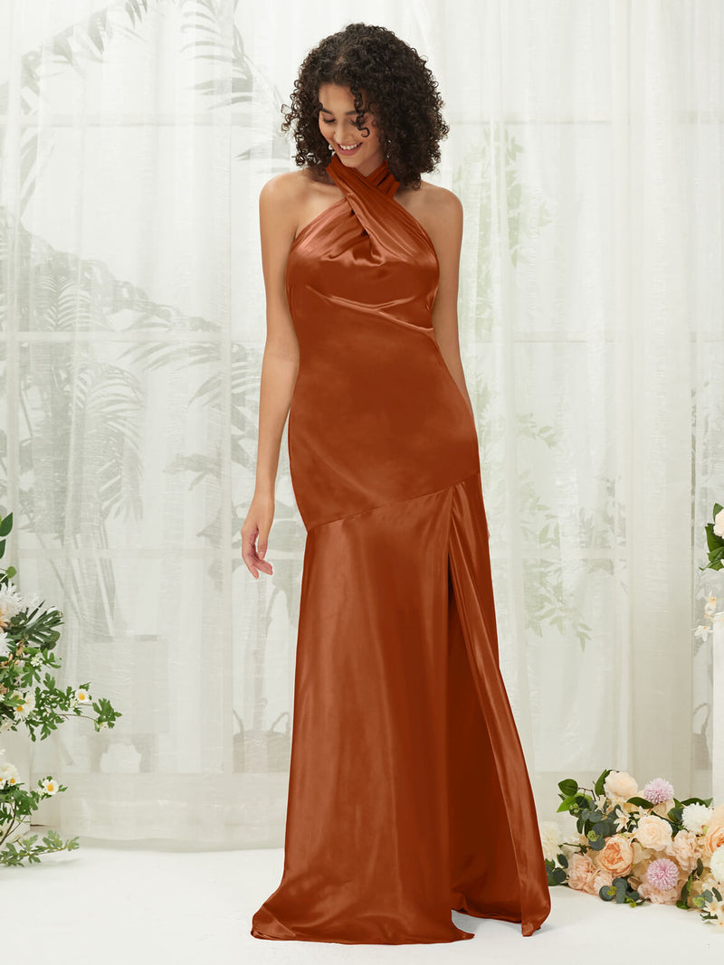 Cooper Satin Halter Neck Sleeveless Maxi Bridesmaid Dress With Slit Change Color From Swatches / XXL / N16 Cooper Satin Halter Neck Sleeveless Maxi Bridesmaid Dress With Slit Change Color From Swatches / XXL / N16