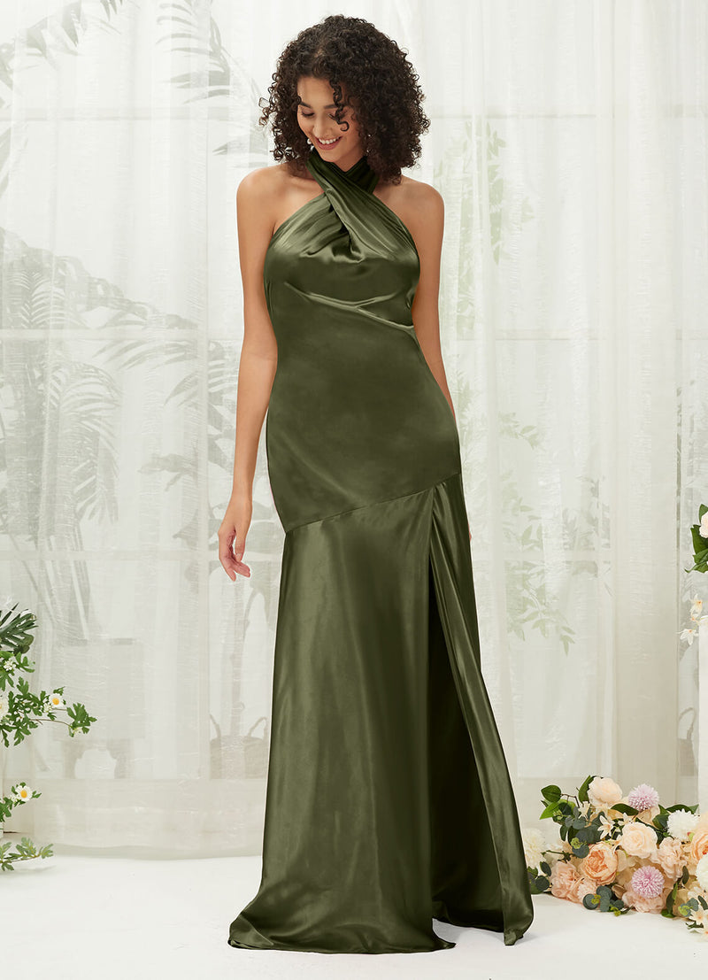 Olive Satin Halter Neck Sleeveless Maxi Bridesmaid Dress With Slit Change Color From Swatches / Custom Size Olive Satin Halter Neck Sleeveless Maxi Bridesmaid Dress With Slit Change Color From Swatches / Custom Size