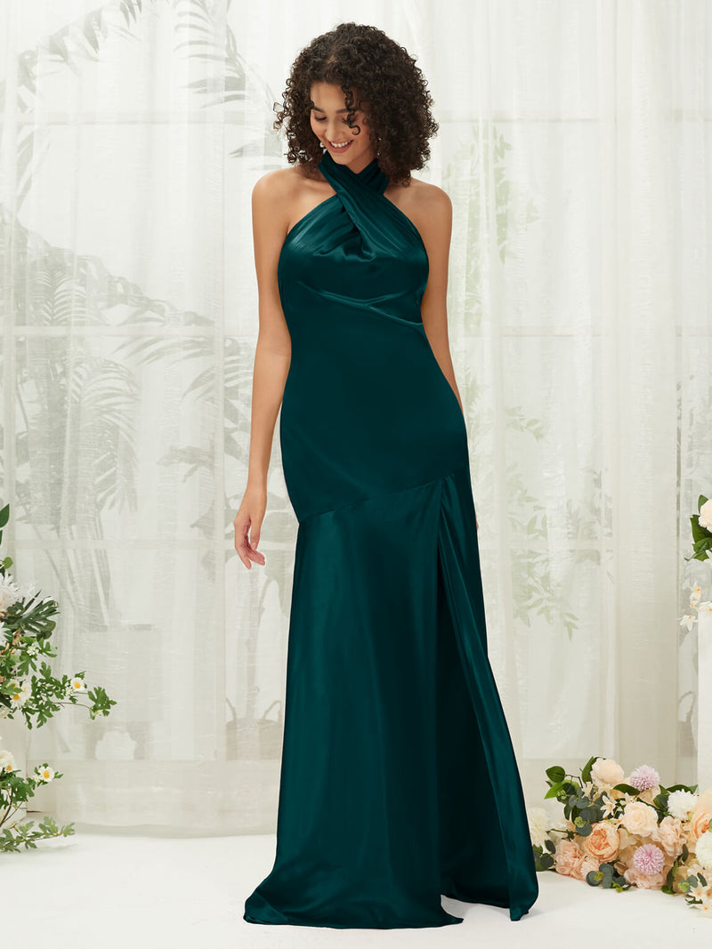 Peacock Satin Halter Neck Sleeveless Maxi Bridesmaid Dress With Slit Change Color From Swatches / XXL / N16 Peacock Satin Halter Neck Sleeveless Maxi Bridesmaid Dress With Slit Change Color From Swatches / XXL / N16