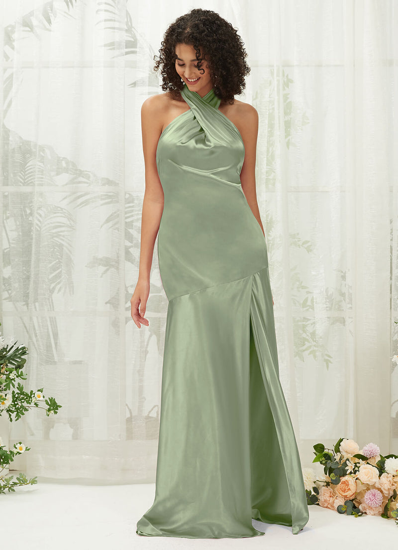 Sage Green Satin Halter Neck Sleeveless Maxi Bridesmaid Dress With Sli