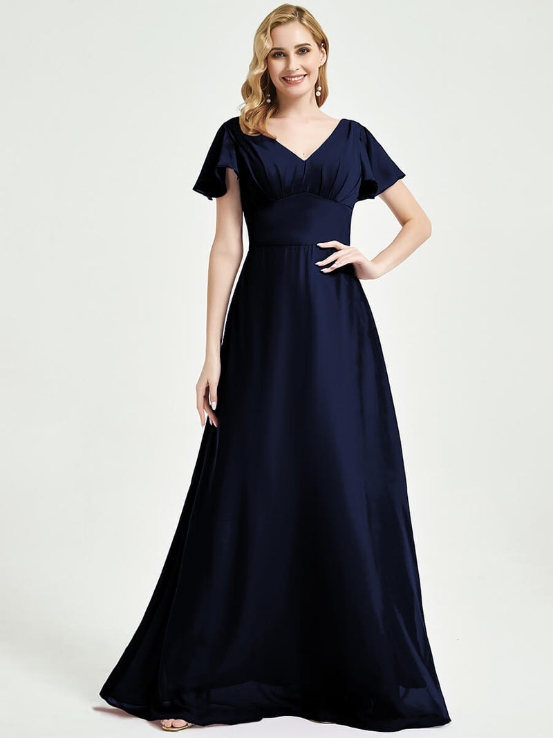 Dark Navy Ruffle Sleeves Backless Maxi Chiffon Empire Bridesmaid Dress Change Color From Swatches / XXL / N16 Dark Navy Ruffle Sleeves Backless Maxi Chiffon Empire Bridesmaid Dress Change Color From Swatches / XXL / N16