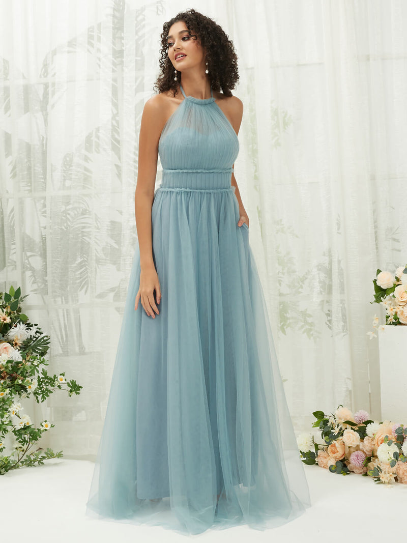 Dusty Blue Tulle Halter Neck Floor Length Bridesmaid Dress With Pocket NZ Bridal Dusty Blue Tulle Halter Neck Floor Length Bridesmaid Dress With Pocket NZ Bridal
