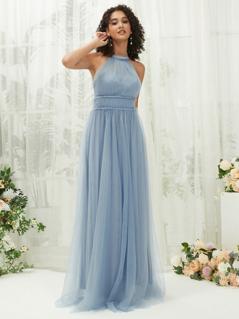 Slate Blue Tulle Halter Neck Pleated Pocket Maxi Bridesmaid Dresses NZ Bridal Slate Blue Tulle Halter Neck Pleated Pocket Maxi Bridesmaid Dresses NZ Bridal