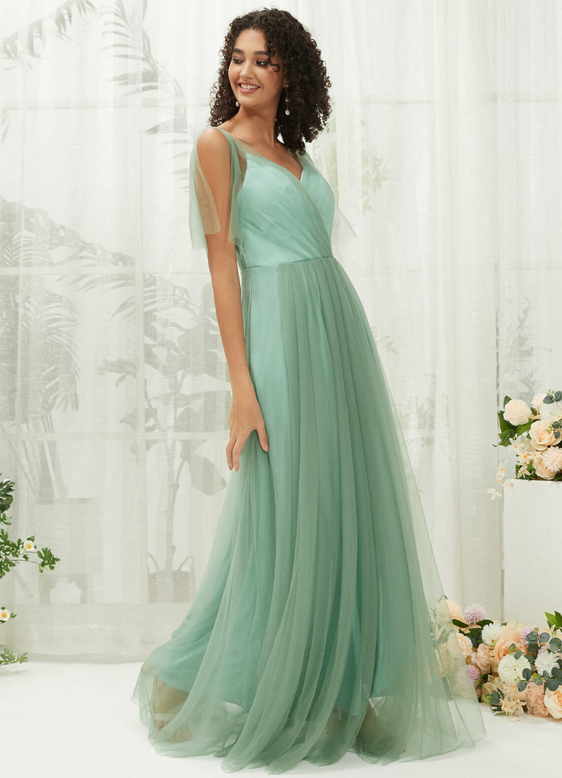 Eucalyptus Tulle Sweetheart Ruffle Sleeve Pocket Maxi Bridesmaid Dress NZ Bridal Eucalyptus Tulle Sweetheart Ruffle Sleeve Pocket Maxi Bridesmaid Dress NZ Bridal