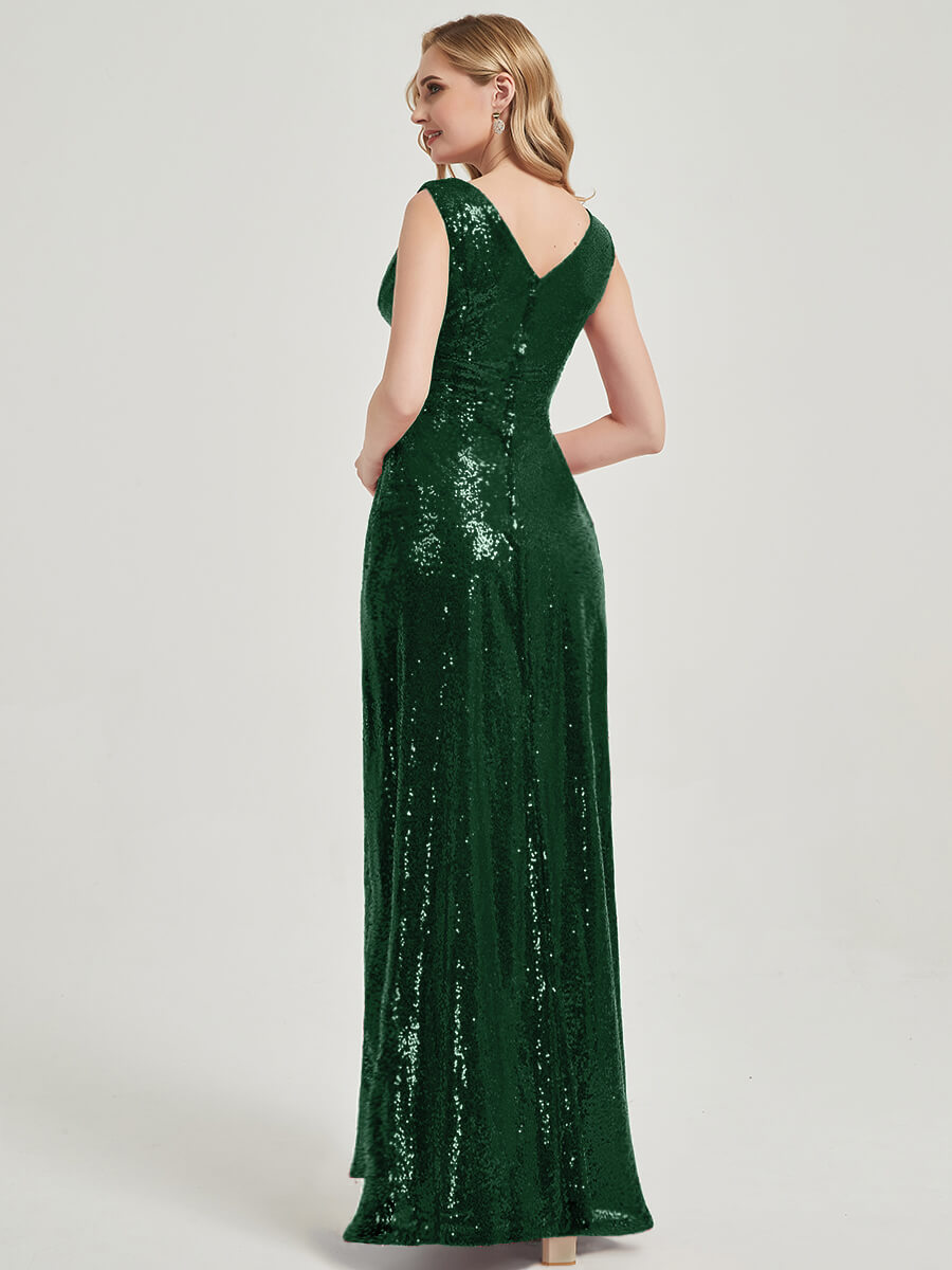 Emerald Green  V Cutting Sleeveless Sequined Bridesmaid Dress - Dawson