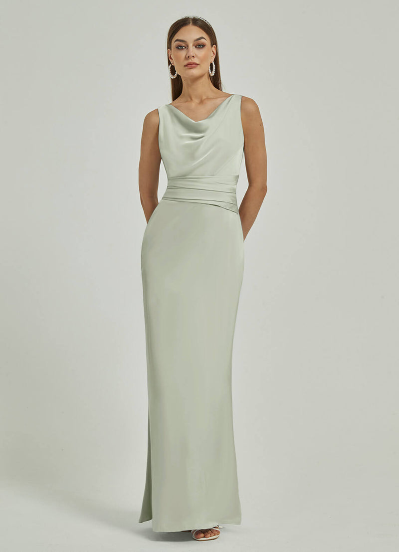Sage Green Silk Satin Cowl Neck Sheath Backless Maxi Bridesmaid Dress Sage Green Silk Satin Cowl Neck Sheath Backless Maxi Bridesmaid Dress
