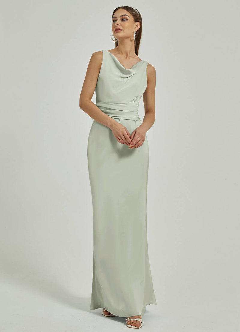 Sage Green Silk Satin Cowl Neck Sheath Backless Maxi Bridesmaid Dress NZ Bridal Sage Green Silk Satin Cowl Neck Sheath Backless Maxi Bridesmaid Dress NZ Bridal